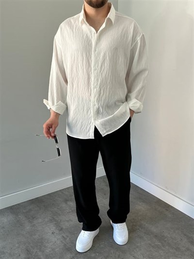 Çizgili Oversize Gömlek Beyaz