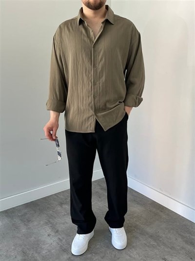 Çizgili Oversize Gömlek Haki Yeşil