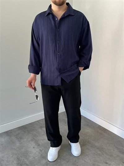 Çizgili Oversize Gömlek Lacivert