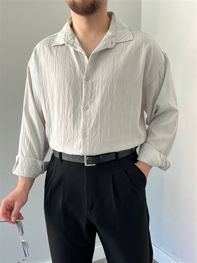 Çizgili Oversize Gömlek Taş Gri