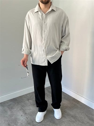 Çizgili Oversize Gömlek Taş Gri