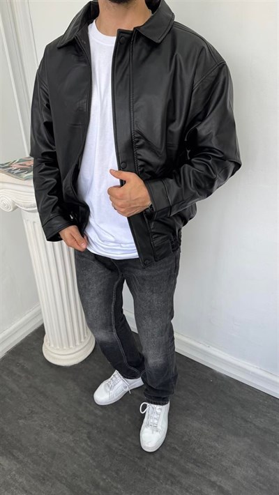 Deri Oversize Bomber Mont Siyah