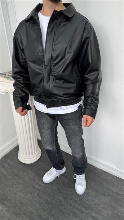 Deri Oversize Bomber Mont Siyah