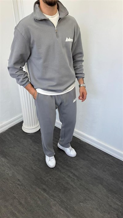 Double Face Yarım Fermuarlı Oversize Takım Gri