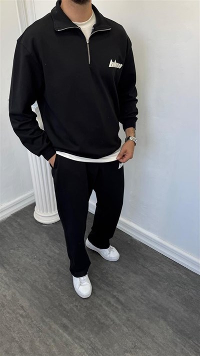 Double Face Yarım Fermuarlı Oversize Takım Siyah