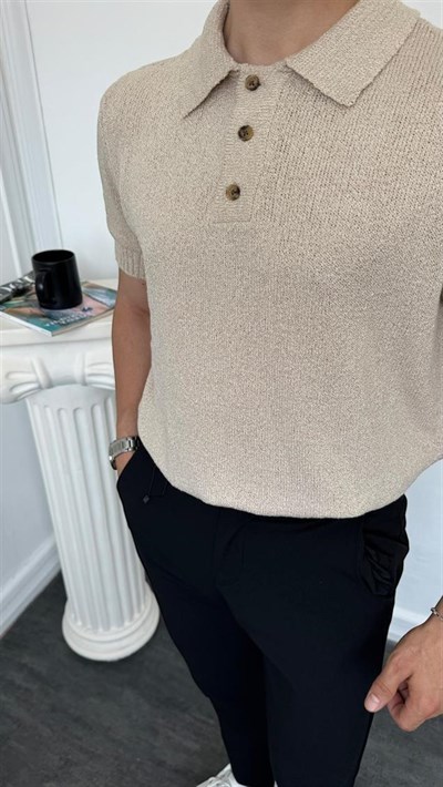 Düğmeli Polo Yaka Triko Tişört Bej