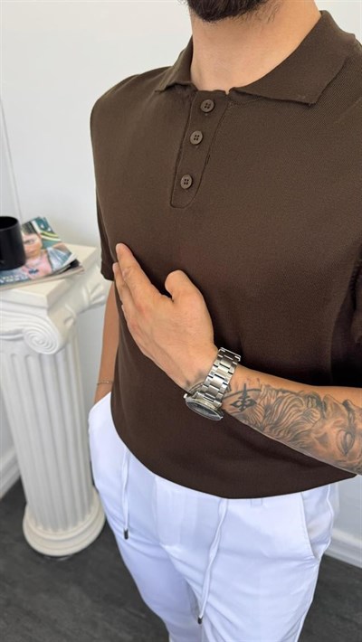 Düğmeli Polo Yaka Triko Tişört Kahverengi