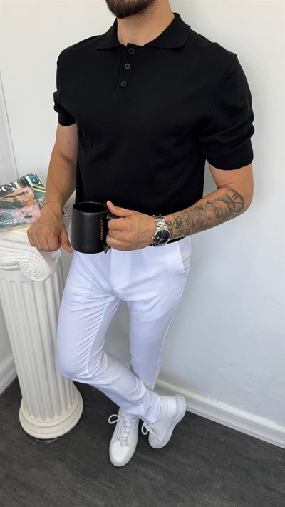 Düğmeli Polo Yaka Triko Tişört Siyah