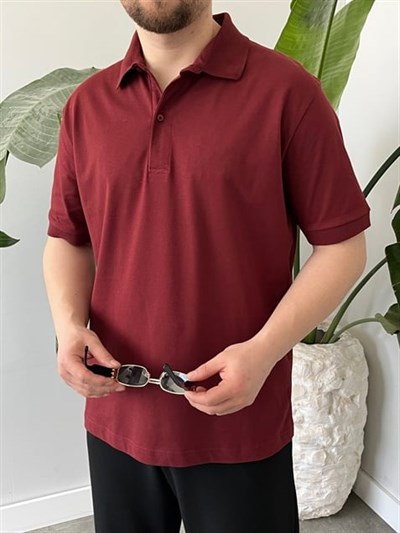 Düz Renk Polo Yaka Bordo Tişört