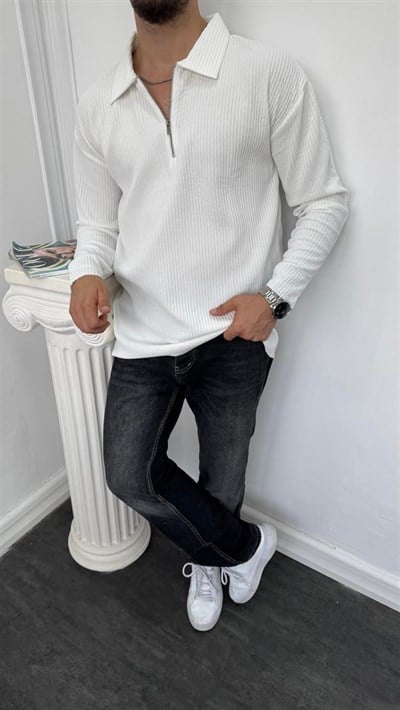 Fitilli Yarım Fermuarlı Sweatshirt Beyaz