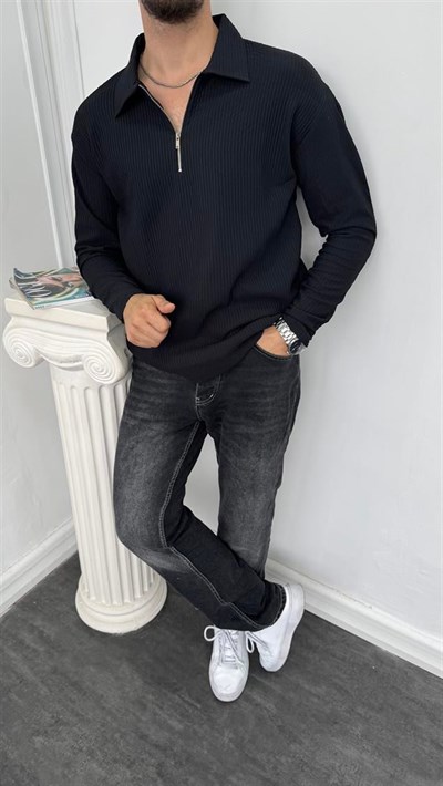 Fitilli Yarım Fermuarlı Sweatshirt Siyah