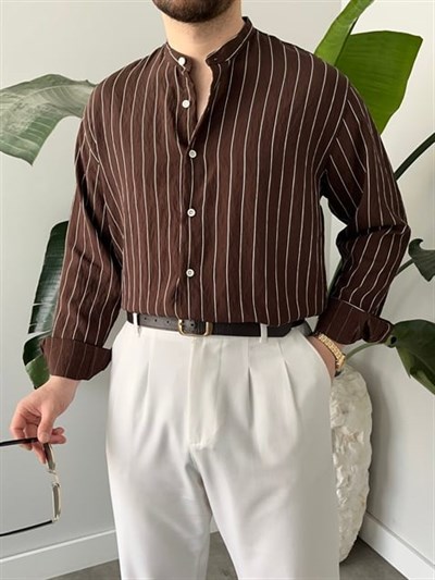 Hakim Yaka Çizgili Gömlek Kahverengi