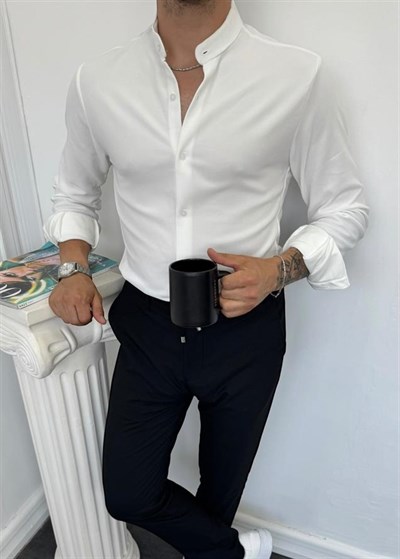 Hakim Yaka İnce Fitilli Gömlek Beyaz