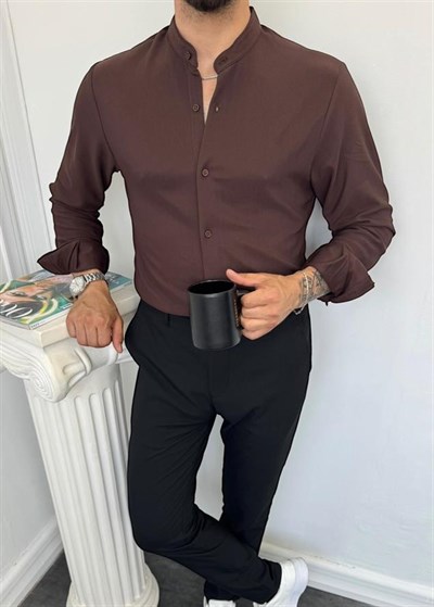 Hakim Yaka İnce Fitilli Gömlek Kahverengi