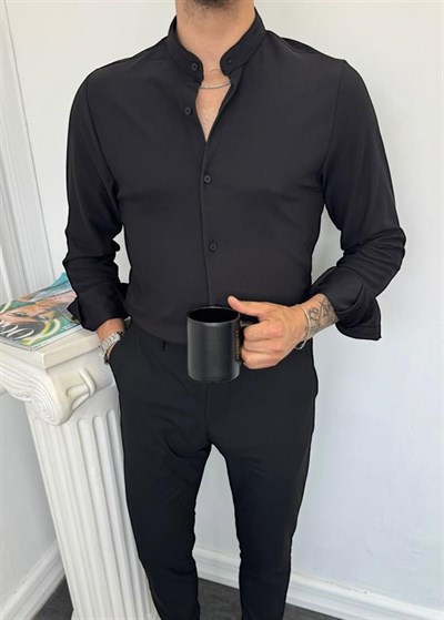 Hakim Yaka İnce Fitilli Gömlek Siyah