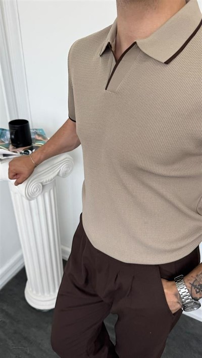 Hemşire Yaka İnce Fitilli Triko Tişört Bej