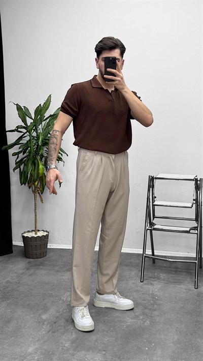 Hemşire Yaka Mr Triko Tişört Kahverengi