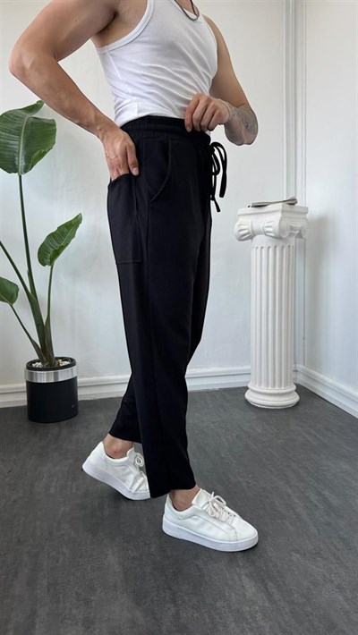 İnce Fitilli Boyfriend Jogger Siyah