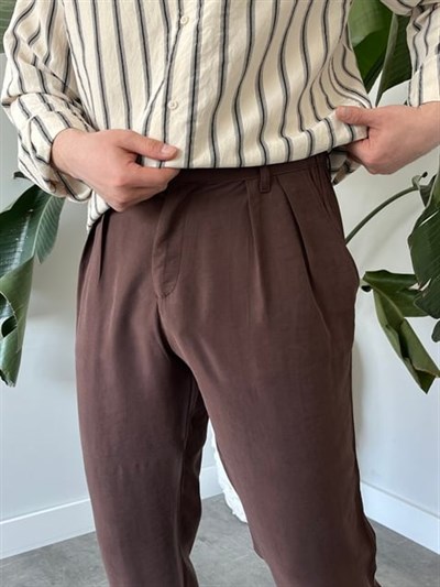 Keps Tensel Kumaş Boyfriend Pantolon Kahverengi