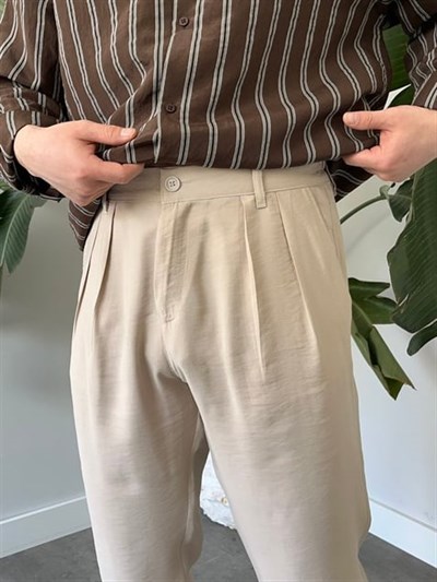 Keps Tensel Kumaş Boyfriend Pantolon Krem