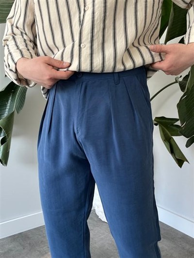 Keps Tensel Kumaş Boyfriend Pantolon Mavi