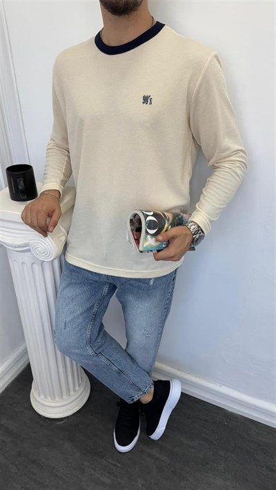 MR 90S Yazılı Bisiklet Yaka Sweatshirt Krem