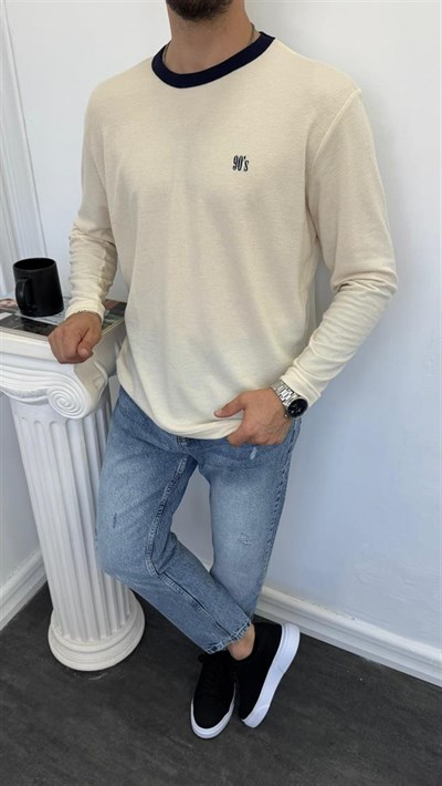 MR 90S Yazılı Bisiklet Yaka Sweatshirt Krem