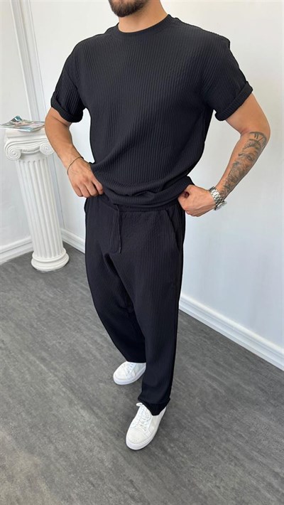 MR Bisiklet Yaka Kalın Fitilli Baggy Takım Siyah