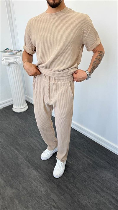 MR Bisiklet Yaka Kalın Fitilli Baggy Takım Krem