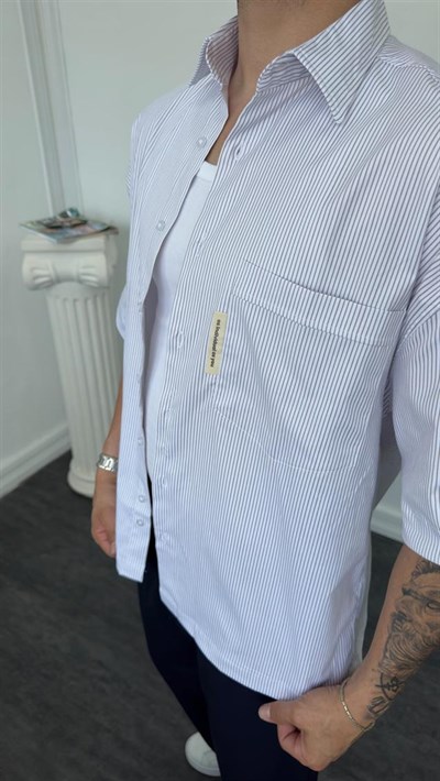 MR Çizgili Tek Cepli Oversize Gömlek Bej Çizgili
