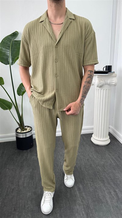 MR Kendinden Desenli Oversize Gömlekli Takım Çağla Yeşili