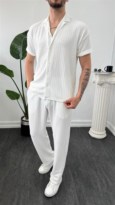 MR Kendinden Desenli Oversize Gömlekli Takım Beyaz