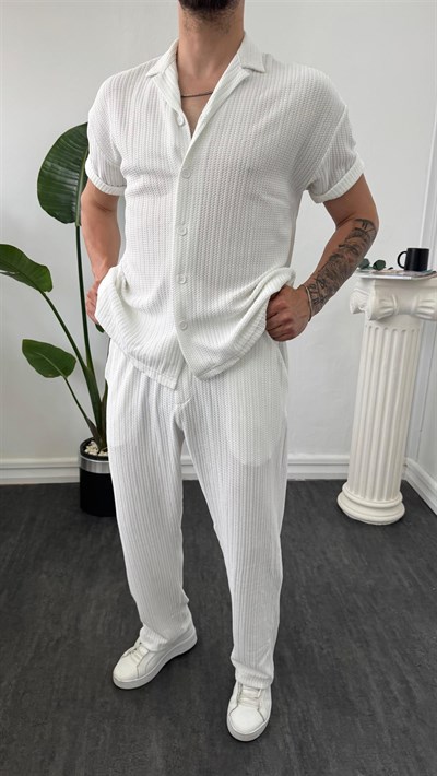 MR Kendinden Desenli Oversize Gömlekli Takım Beyaz