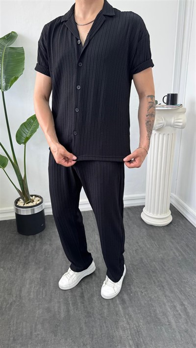MR Kendinden Desenli Oversize Gömlekli Takım Siyah