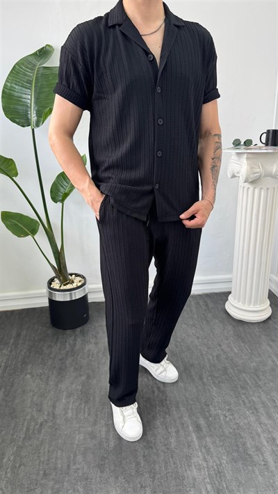 MR Kendinden Desenli Oversize Gömlekli Takım Siyah