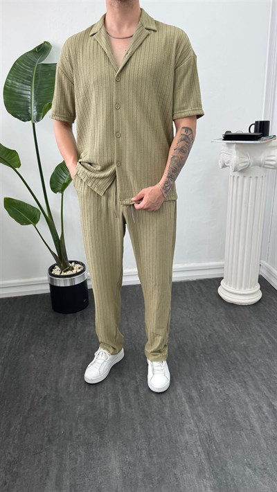 MR Kendinden Desenli Oversize Gömlekli Takım Çağla Yeşili