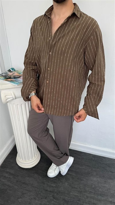 MR Kırçıl Kabartma Çizgili Gömlek Kahverengi