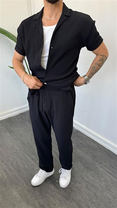 MR Kısa Kol Gömlekli Kalın Fitilli Baggy Takım Siyah