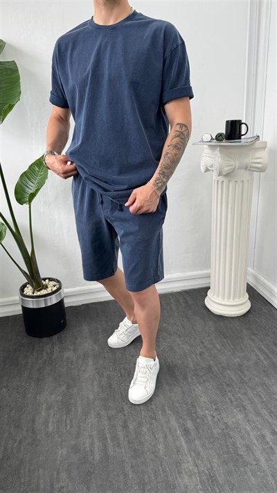 MR Luxury Yıkamalı Şortlu Takım Mavi