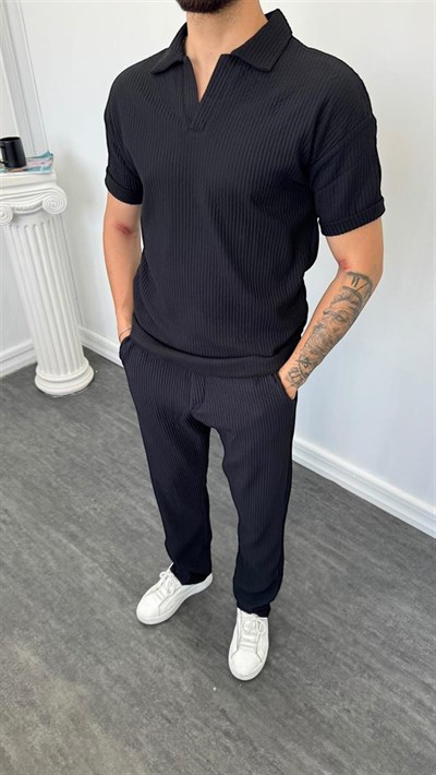 MR Polo Yaka Kalın Fitilli Baggy Takım Siyah