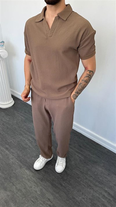 MR Polo Yaka Kalın Fitilli Baggy Takım Vizon