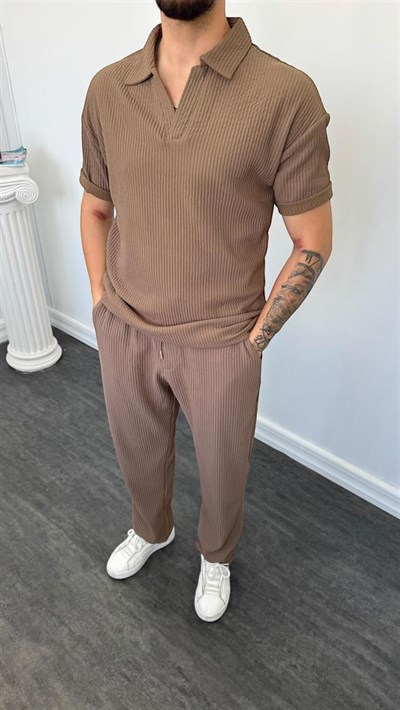 MR Polo Yaka Kalın Fitilli Baggy Takım Vizon