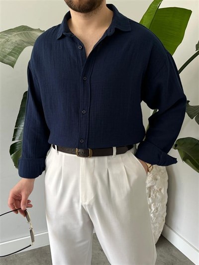 Müslim Kumaş Keten Lacivert Gömlek