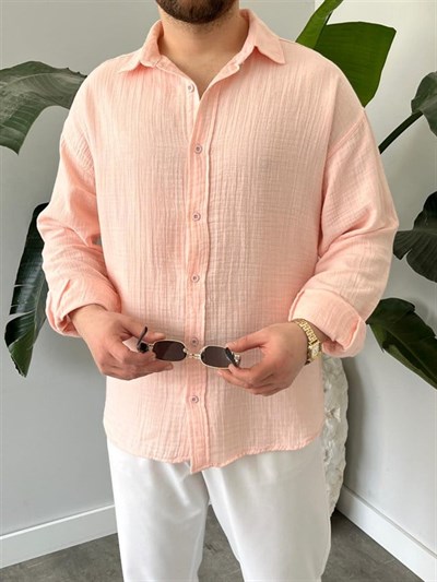 Müslim Kumaş Keten Pembe Gömlek