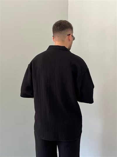 Müslim Kumaş Keten Siyah Kısa Kollu Gömlek