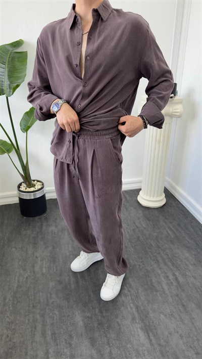 Oversize Tensel Gömlekli Takım Kahverengi