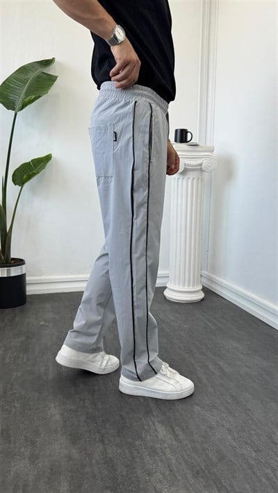 Paraşüt Kumaş Şerit Detaylı Baggy Eşofman Gri