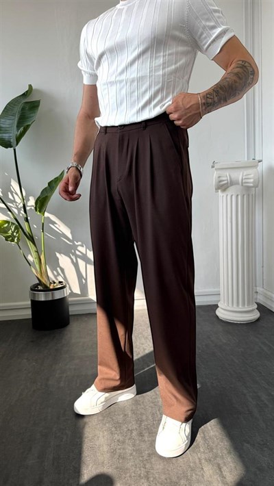 Pileli Baggy Kumaş Pantolon Kahverengi