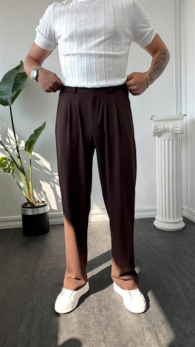 Pileli Baggy Kumaş Pantolon Kahverengi