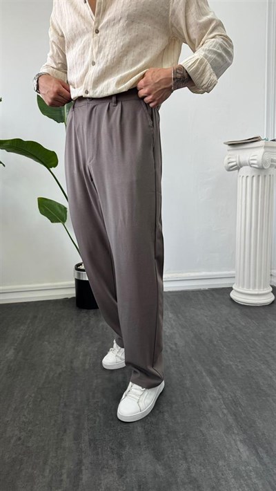 Pileli Baggy Kumaş Pantolon Sütlü Kahve